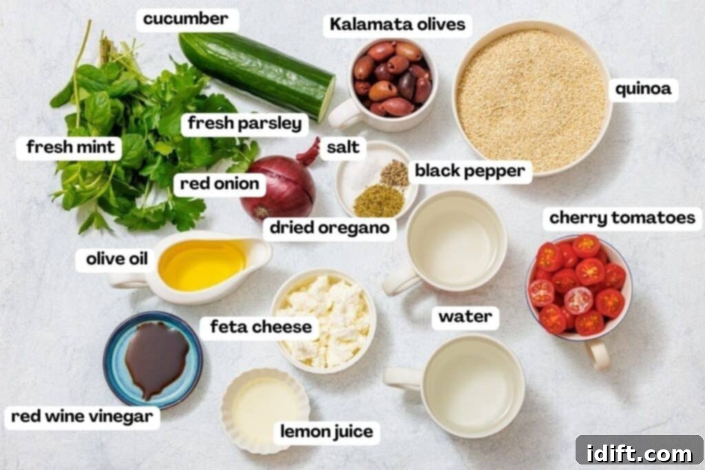 A flat lay arrangement showcasing all the fresh and colorful ingredients for a Mediterranean Quinoa Salad. Visible are bright cherry tomatoes, sliced English cucumber, dark Kalamata olives, fresh bunches of mint and parsley, a red onion wedge, dried oregano, crumbled feta cheese, uncooked quinoa, lemon, red wine vinegar, a bottle of olive oil, and a small pile of salt and pepper. The ingredients are artfully placed on a light textured surface, emphasizing their natural beauty and freshness.
