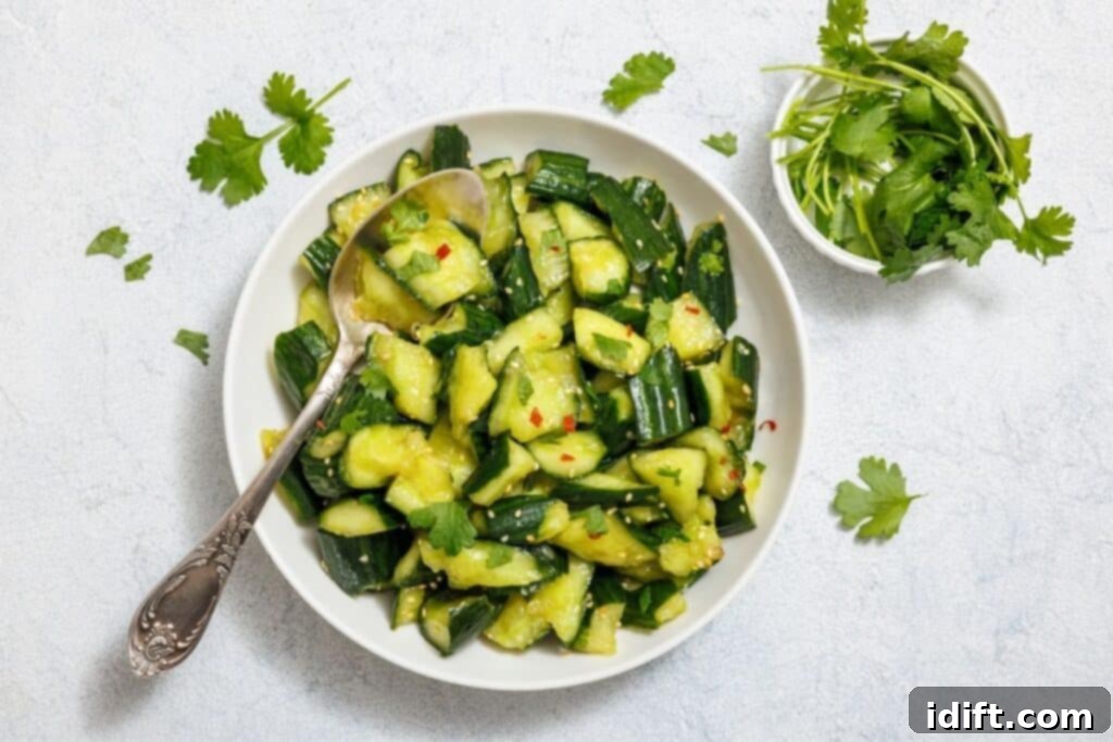 A beautifully composed image of a white bowl overflowing with Smashed Cucumber Salad, richly garnished with fresh cilantro, alongside a small additional bowl of cilantro leaves, ready to be sprinkled, on a light background.