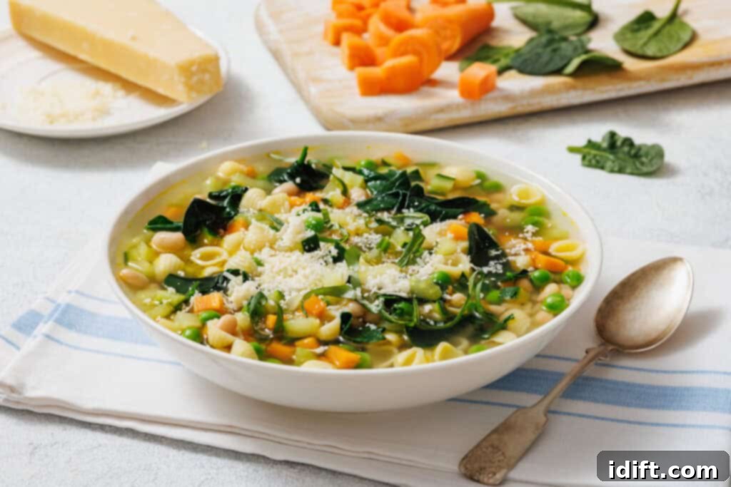 Vibrant Spring Minestrone 11 Bowl of Spring Minestrone with pasta, spinach, and beans, topped with grated cheese. A spoon is beside the bowl, and sliced vegetables are on a cutting board in the background.
