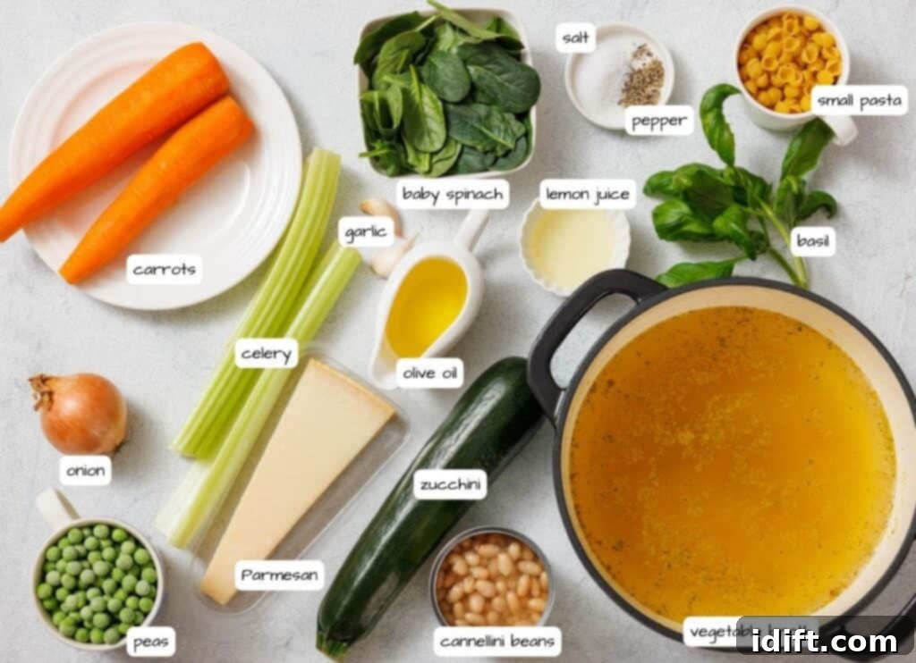 Vibrant Spring Minestrone 4 Ingredients for vegetable soup displayed: carrots, celery, zucchini, onion, peas, spinach, cannellini beans, pasta, basil, Parmesan, olive oil, lemon juice, salt, and pepper with vegetable broth.
