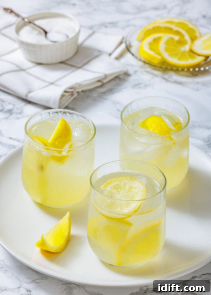 Perfectly Simple Lemonade 2 Three glasses of homemade lemonade with ice and lemon slices on a white plate, with a bowl of sugar and sliced lemons in the background, suggesting a refreshing summer drink.