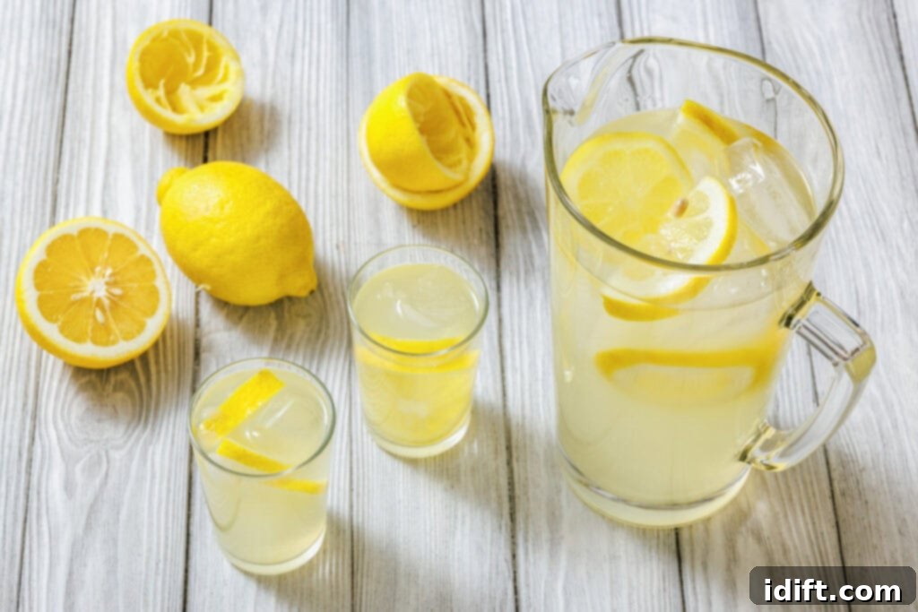 Perfectly Simple Lemonade 12 Lemonade in a pitcher and glasses with lemons on a wooden surface, ready to be served.