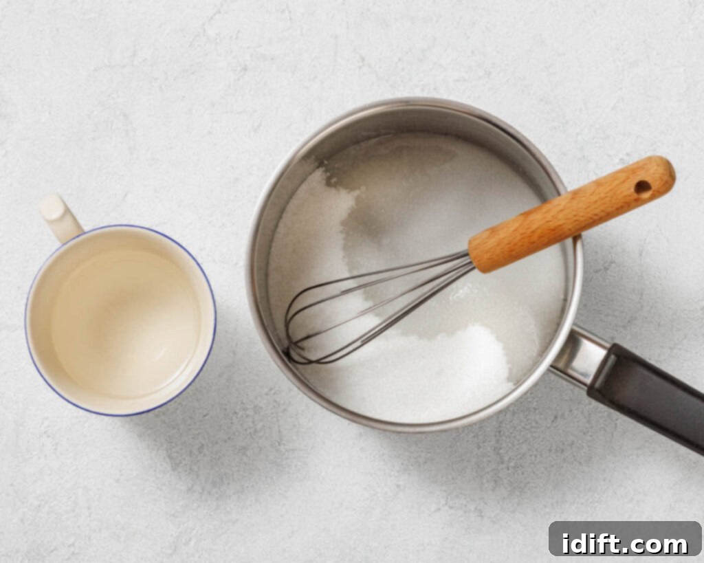 Perfectly Simple Lemonade 6 A top-down view of a metal saucepan with sugar and a whisk inside, next to a small cup of liquid, on a light gray textured surface.