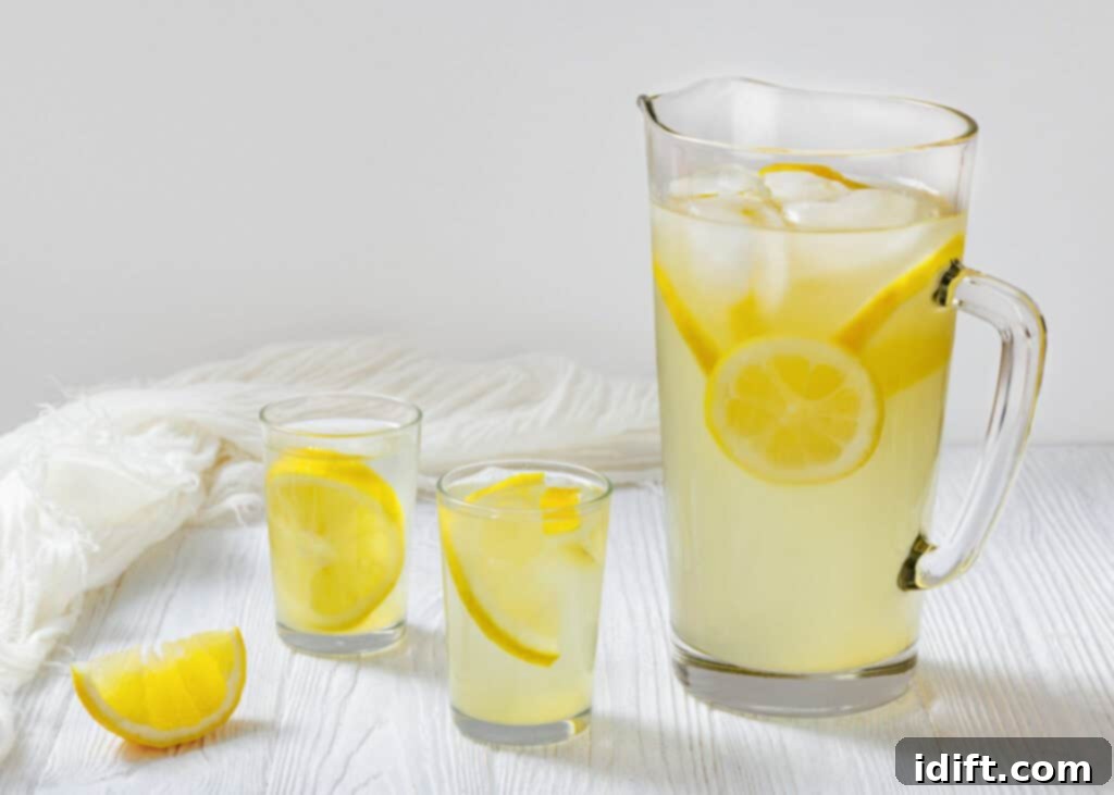 Perfectly Simple Lemonade 9 A tall glass pitcher filled with lemonade, ice, and lemon slices stands on a white wooden table, accompanied by two smaller glasses also containing lemonade and lemon. A lemon wedge is placed beside the glasses. A white cloth is draped in the background.