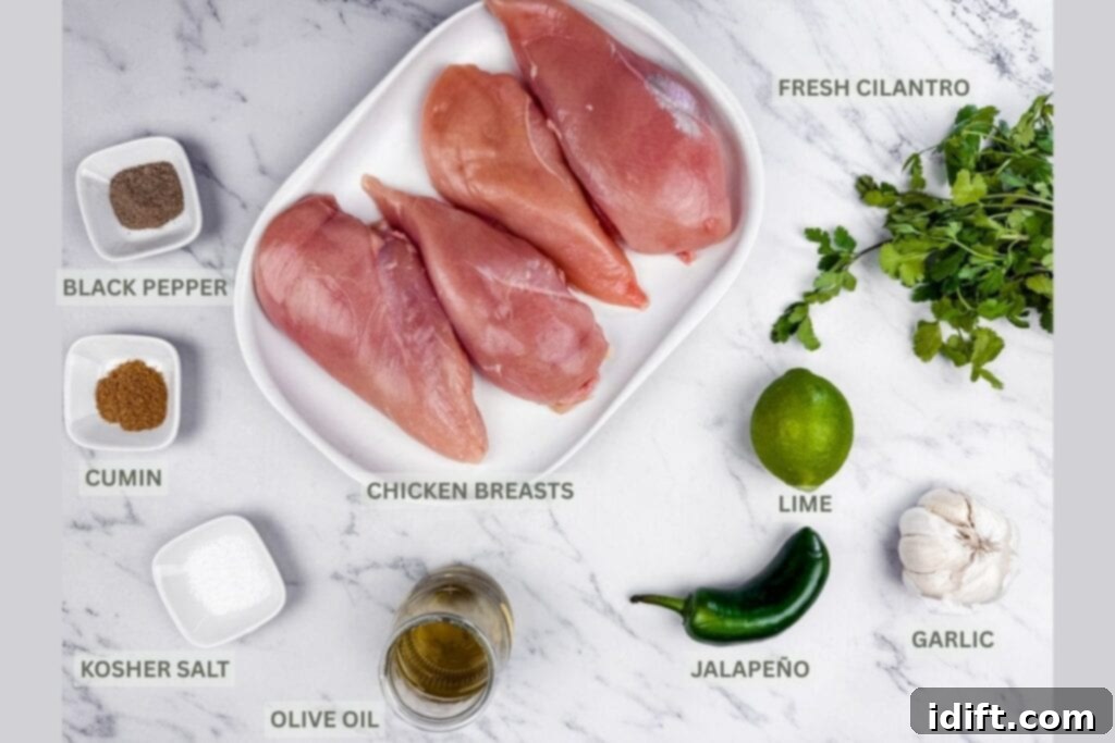 Raw chicken parts, Cilantro, lime, Jalapeno, garlic, oil, salt, cumin powder and black pepper on the surface with their names
