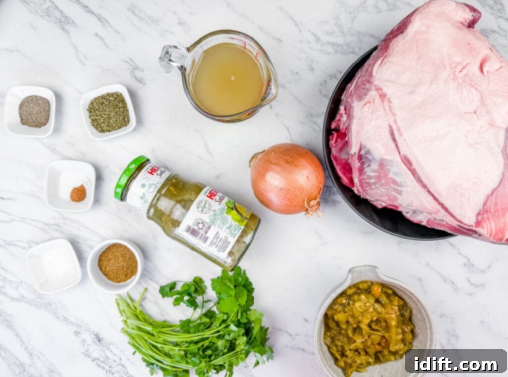 Tender Slow Cooker Pork Chile Verde 5 Overhead shot of various ingredients laid out on a white marble surface, including a large piece of raw pork on a black plate, a jar of green salsa, a yellow onion, a measuring cup of broth, small bowls of spices, and fresh cilantro.