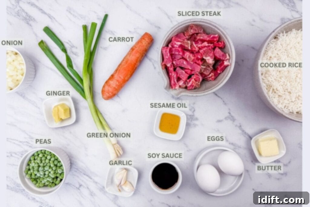Steakhouse Fried Rice 4 Rice, sliced steak, carrot, oil, eggs, butter, soy sauce, garlic, peeled ginger, sliced onion, green onion, and peas on a marbled white-gray surface with labels