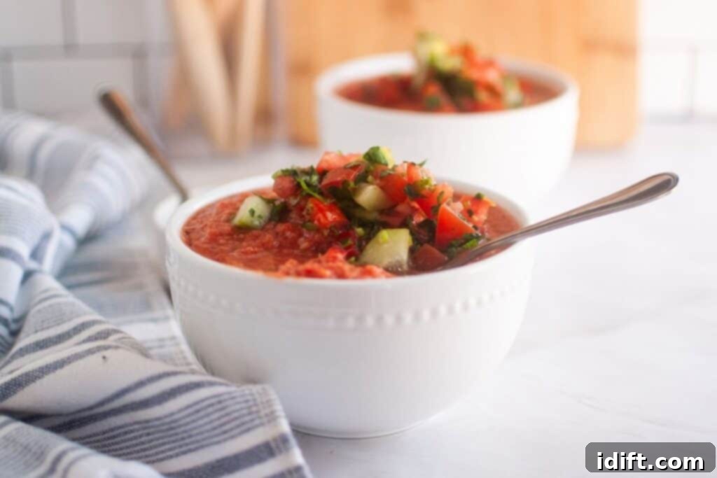 Cool and Refreshing Gazpacho 10 A beautifully presented bowl of delicious Classic Gazpacho, ready to be enjoyed.