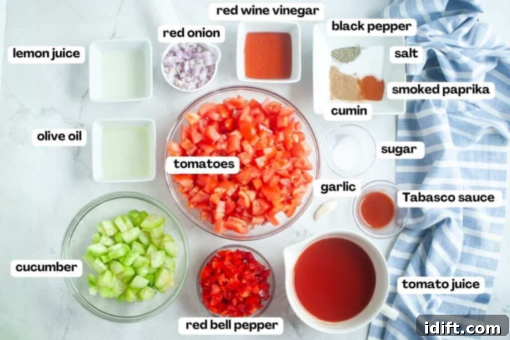 Cool and Refreshing Gazpacho 4 A selection of fresh, ripe ingredients ready for Classic Gazpacho preparation.