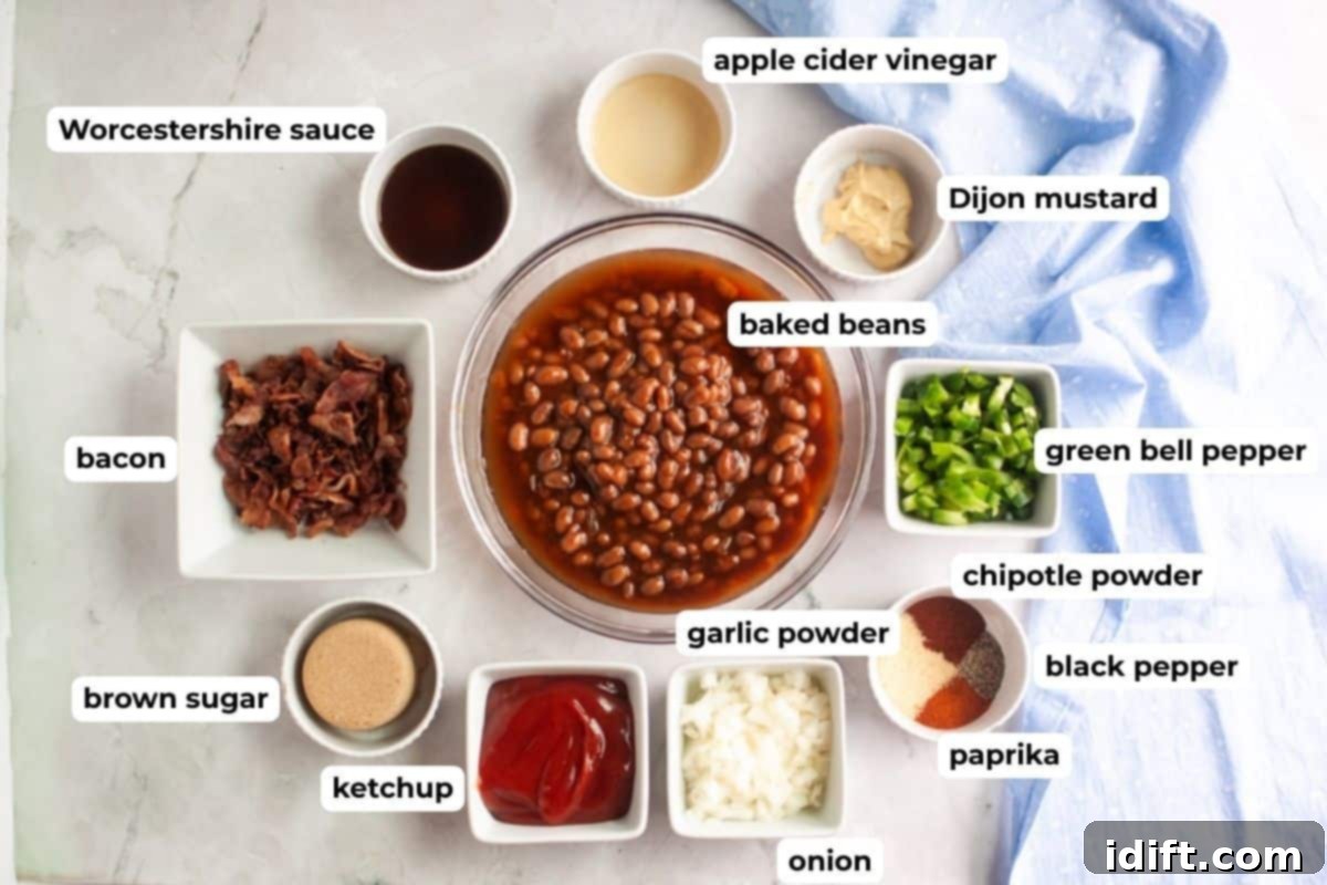 Homestyle Bean Bake 4 A vibrant collection of ingredients for homemade baked beans, neatly arranged in small bowls on a marble surface. The display includes crispy bacon, plump baked beans, finely chopped green bell pepper and onion, rich ketchup, dark brown sugar, and an assortment of spices and sauces, all ready for assembly. This visual guide makes preparation clear and inviting.