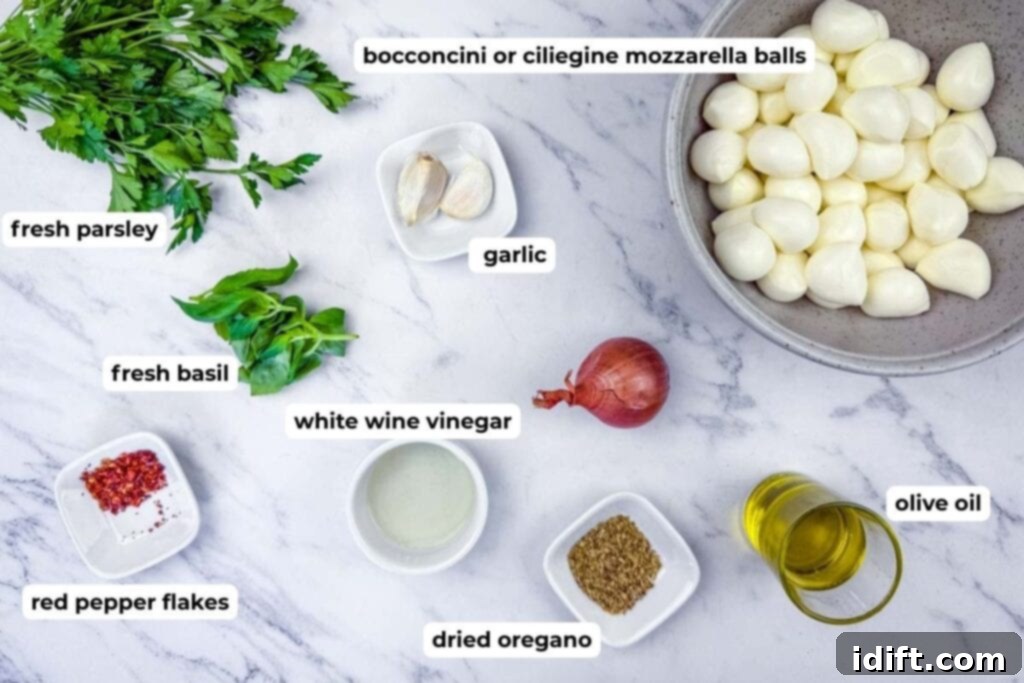 Ingredients laid out on a marble surface, including boccconcini, fresh parsley, basil, garlic, red pepper flakes, white wine vinegar, dried oregano, olive oil, and a shallot.