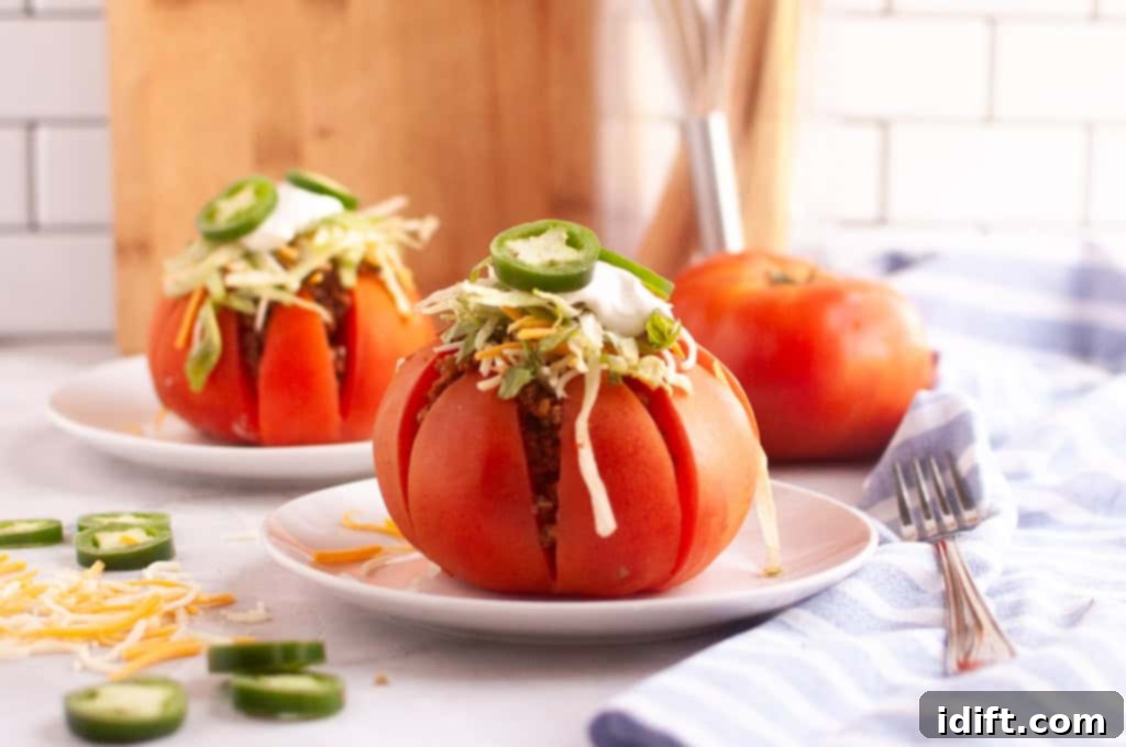 A perfectly prepared ripe red tomato, hollowed and brimming with taco meat and vibrant toppings, elegantly presented on a clean white plate.