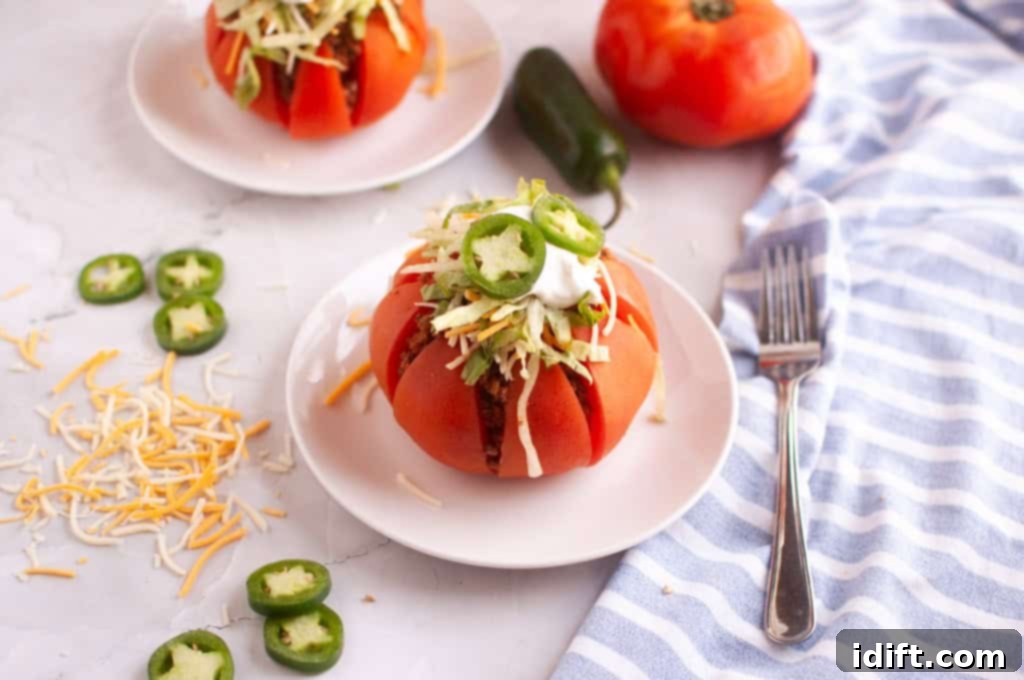 Two perfectly prepared taco stuffed tomatoes resting on white plates, accompanied by fresh toppings and a fork, highlighting their appetizing appeal.