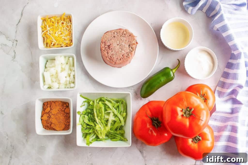 An overhead shot showcasing all the labeled ingredients meticulously laid out for the taco stuffed tomatoes recipe, including ground beef, fresh tomatoes, cheese, onions, lettuce, taco seasoning, jalapeños, olive oil, and sour cream.