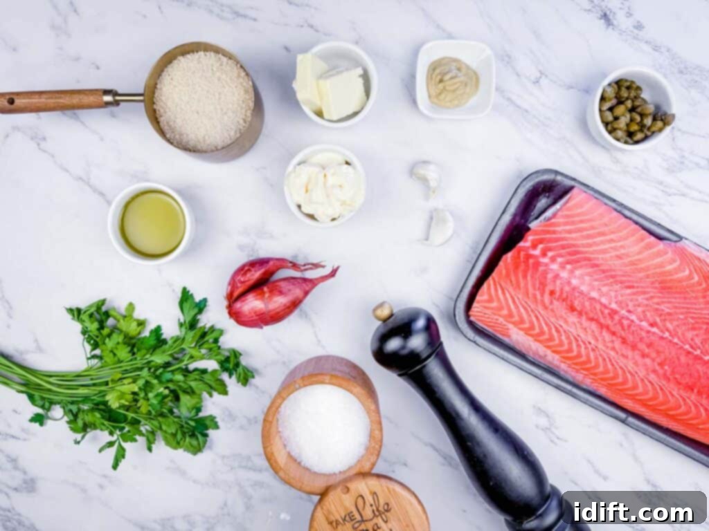 Overhead shot of all the fresh and vibrant ingredients neatly laid out for preparing the salmon balls, including a beautiful salmon fillet, herbs, spices, and other key flavorings.