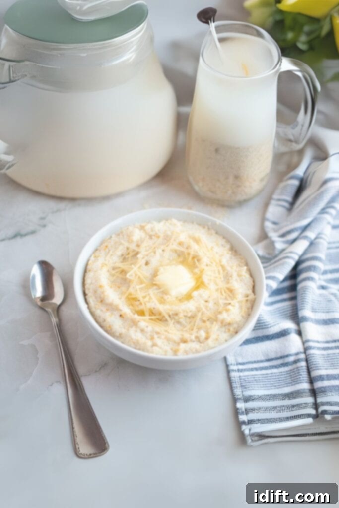 A bowl of creamy grits topped with shredded cheese and a pat of butter sits next to a spoon, a striped napkin, a glass pitcher of milk, and a milk jug on a marble surface.