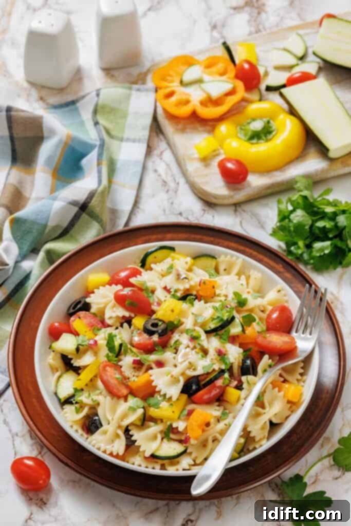 A bowl of bowtie pasta salad with cherry tomatoes, bell peppers, zucchini, olives, and parsley sits on a plate next to a fork, with fresh vegetables and herbs in the background.