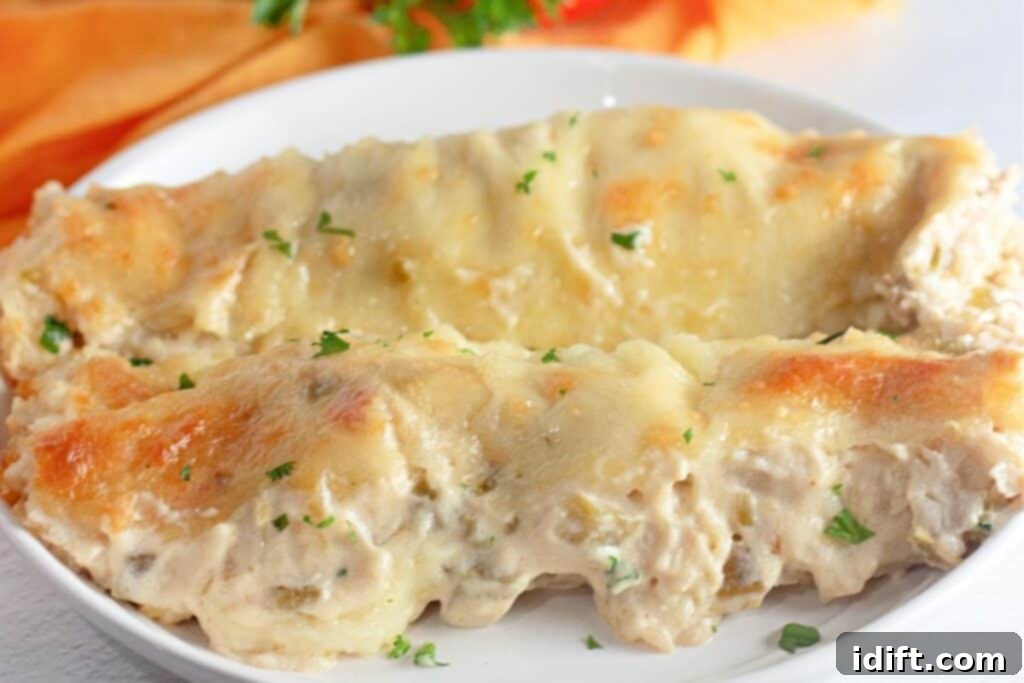 Velvety Chicken Enchiladas 10 Two creamy, cheese-topped chicken enchiladas garnished with small pieces of parsley on a pristine white plate, promising a delicious meal.