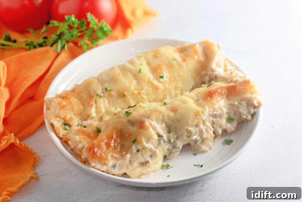 Velvety Chicken Enchiladas 3 Two generously filled White Chicken Enchiladas, adorned with a creamy sauce and a thick layer of melted Monterey Jack cheese, served on a pristine white plate and garnished with freshly chopped parsley.