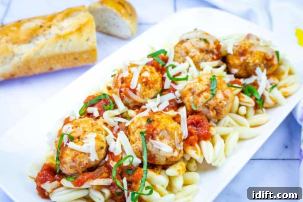 A white plate with pasta topped with meatballs, tomato sauce, shredded cheese, and fresh herbs; sliced bread is in the background.