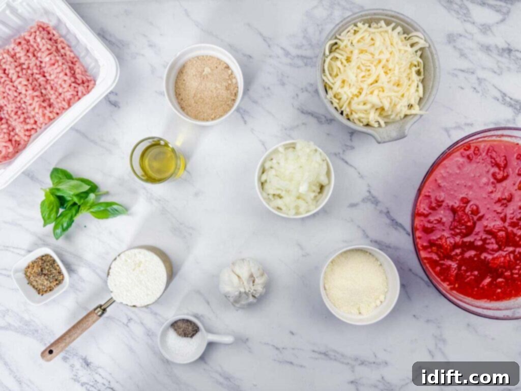 Ingredients for an Italian dish arranged on a marble surface, including ground meat, cheese, tomato sauce, garlic, onion, breadcrumbs, basil, olive oil, and seasonings.