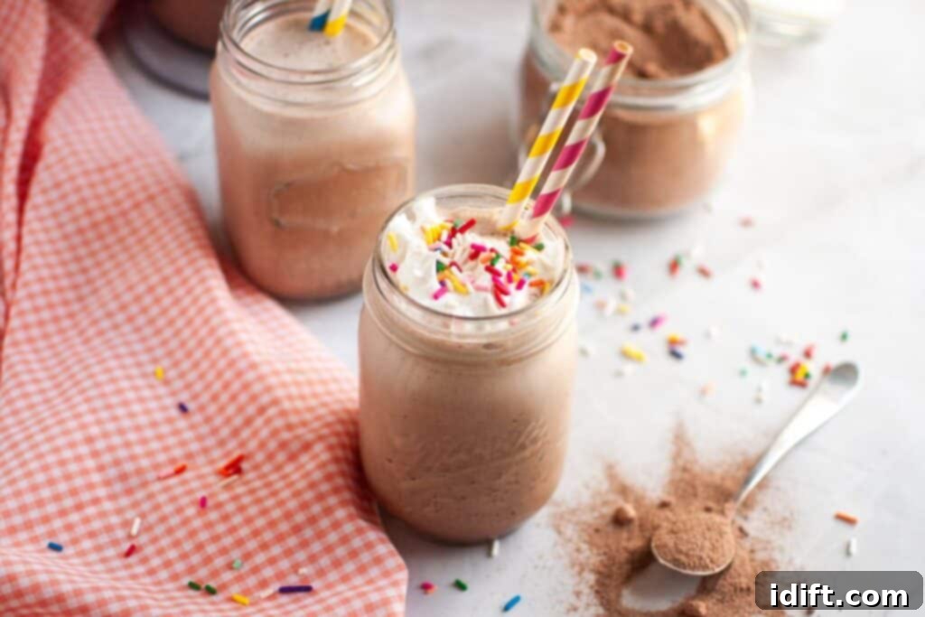 Frosty Chocolate Indulgence 8 A close-up, top-down shot of a clear glass filled with white whipped cream, generously topped with colorful star-shaped sprinkles, covering a light brown frozen hot chocolate.