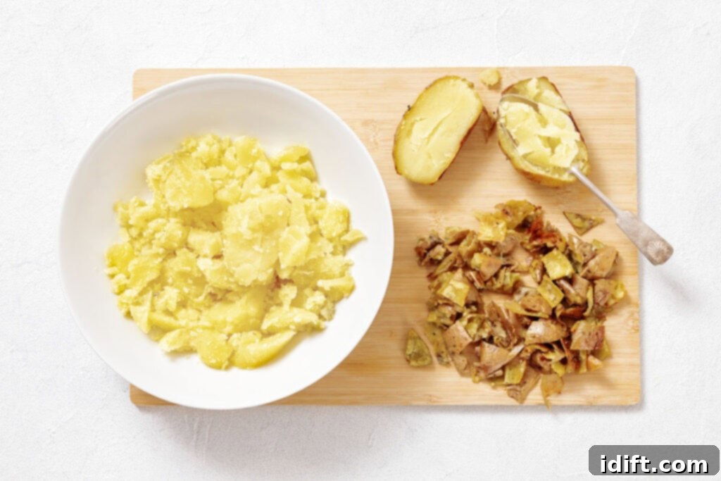 A white bowl with mashed potatoes next to diced potato skins and a halved baked potato on a wooden cutting board.
