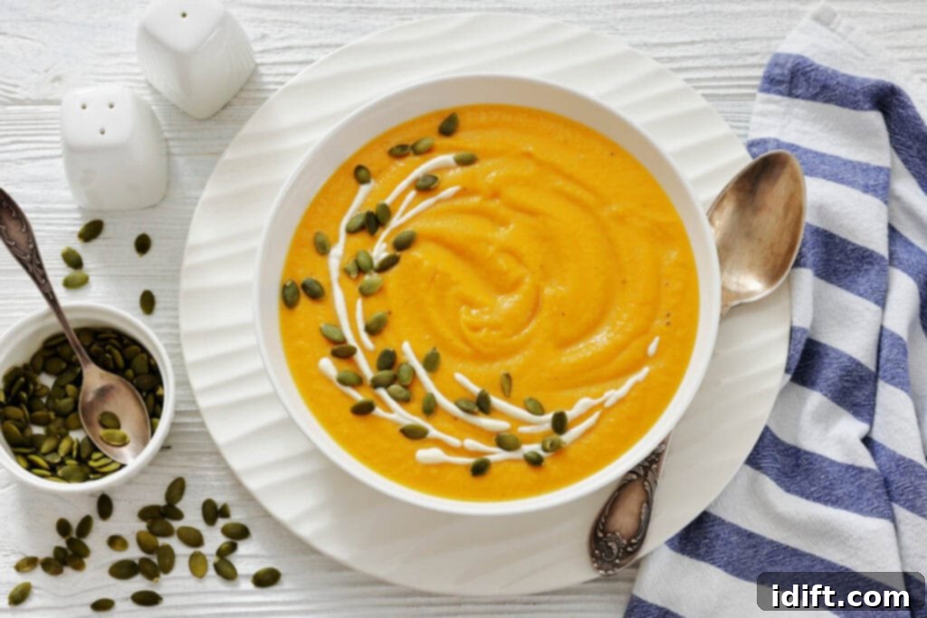 A pristine white bowl filled with creamy, vibrant orange pumpkin soup, artfully garnished with a delicate swirl of fresh cream and a generous sprinkle of golden pumpkin seeds. The bowl is presented on a matching white plate, accompanied by a gleaming silver spoon and a subtly striped napkin, creating an inviting and elegant tableau.