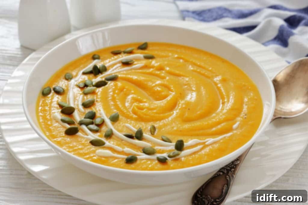 A pristine white bowl filled with creamy, vibrant orange pumpkin soup, elegantly garnished with a delicate swirl of fresh cream and a generous sprinkle of golden pumpkin seeds. The bowl is artfully placed on a matching white plate, accompanied by a gleaming silver spoon, ready to be enjoyed.