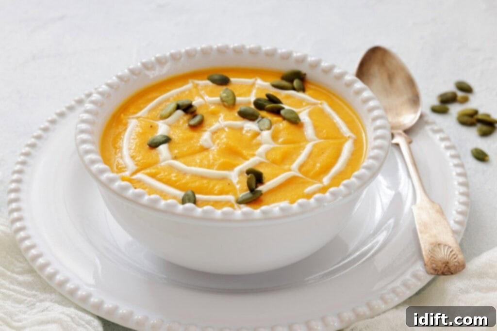 A pristine white bowl filled with creamy orange pumpkin soup is elegantly presented on a white plate, adorned with a decorative swirl of cream and scattered pumpkin seeds. A vintage-style spoon rests beside the bowl, inviting one to savor this warm and comforting dish.
