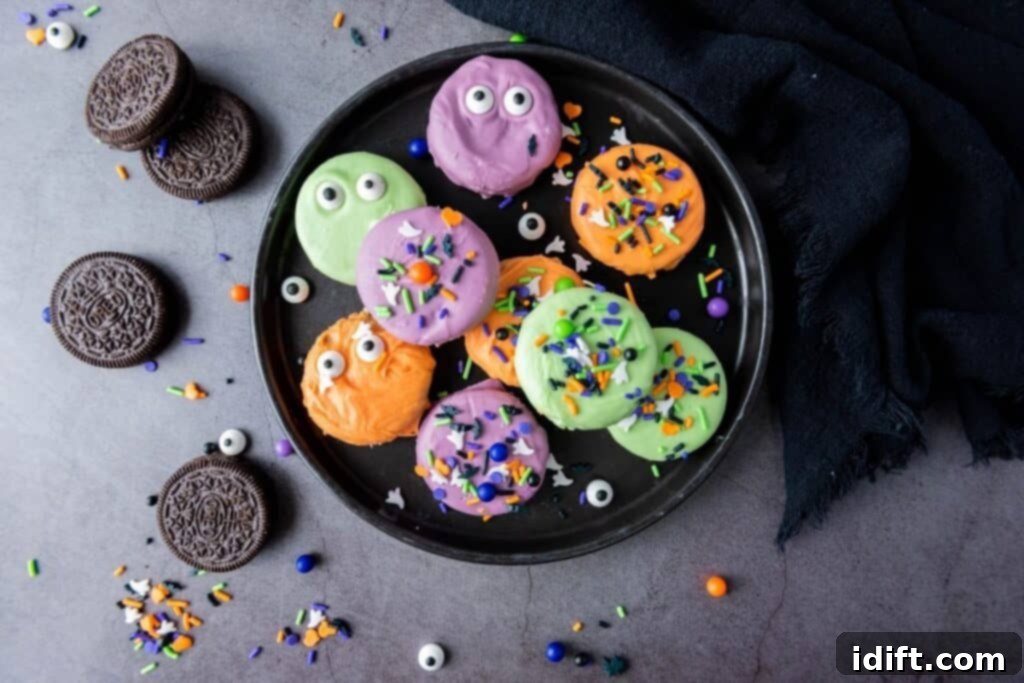 A black plate elegantly displays an array of colorful, coated cookies adorned with whimsical candy eyes and vibrant sprinkles. Adjacent to the plate, extra Oreo cookies and a scattering of colorful sprinkles complete the festive scene on a sleek gray surface.