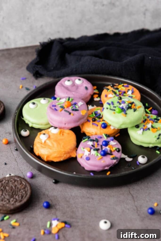 A dark plate showcasing an assortment of Halloween-themed cookies, each coated in vibrant orange, purple, and green icing. They are whimsically decorated with sprinkles and candy eyes, with a scatter of extra Oreo cookies and colorful sprinkles nearby.
