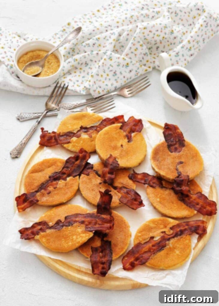 A wooden tray with mini pancakes each topped with a strip of crispy bacon, with syrup and brown sugar in small containers, and a floral napkin and forks nearby.