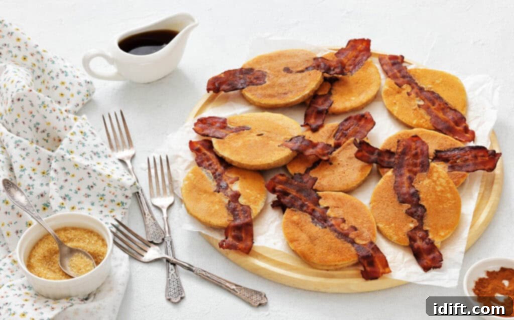 A round wooden tray holds nine Bacon Pancakes on a parchment paper. A small pitcher of syrup, forks, and bowls of brown sugar and cinnamon are nearby.
