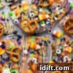 Colorful Halloween bark topped with candy corn, pretzels, candy eyes, sprinkles, and chocolate, broken into pieces on a flat surface.