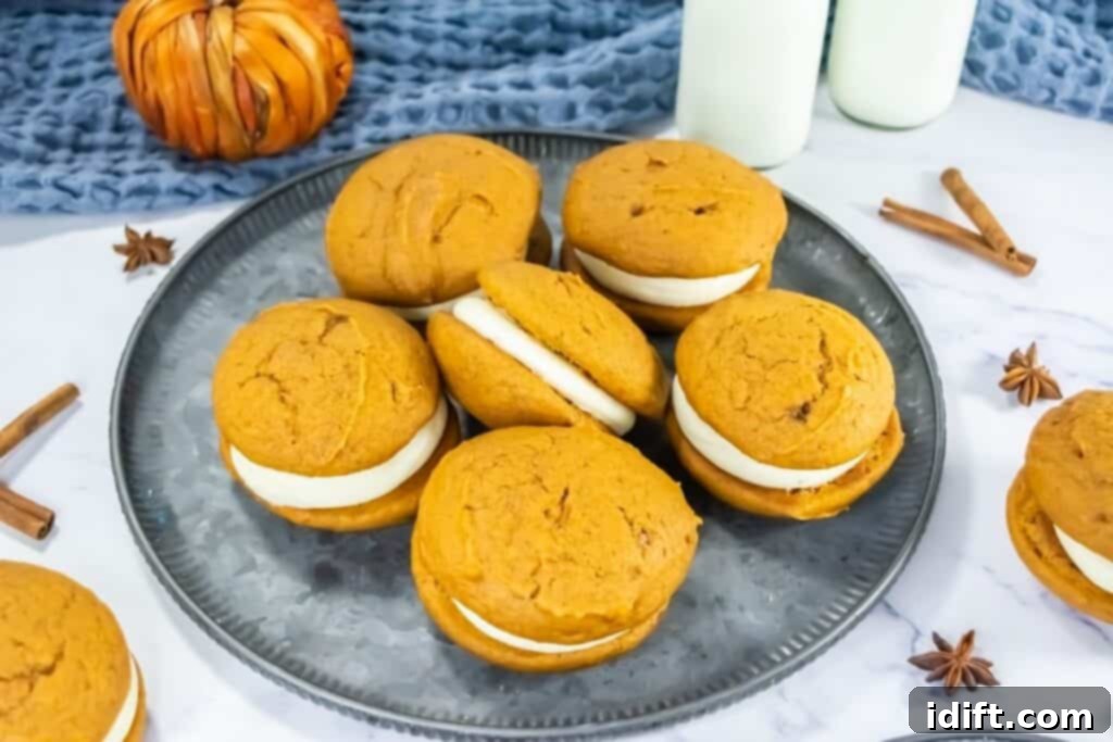 Fluffy Pumpkin Whoopie Pies with Cream Cheese Frosting 3 Pumpkin whoopie pies with cream filling on a gray tray with fall spices nearby.