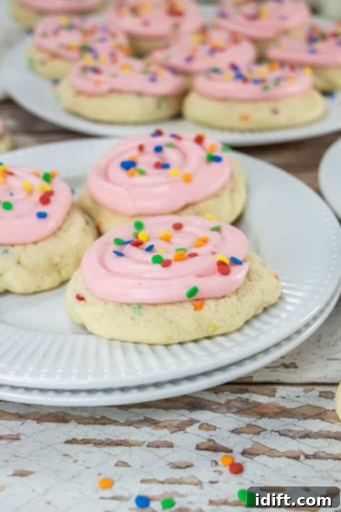 Freshly baked pink frosted confetti cake cookies on white plates, sprinkled with colorful sequins.