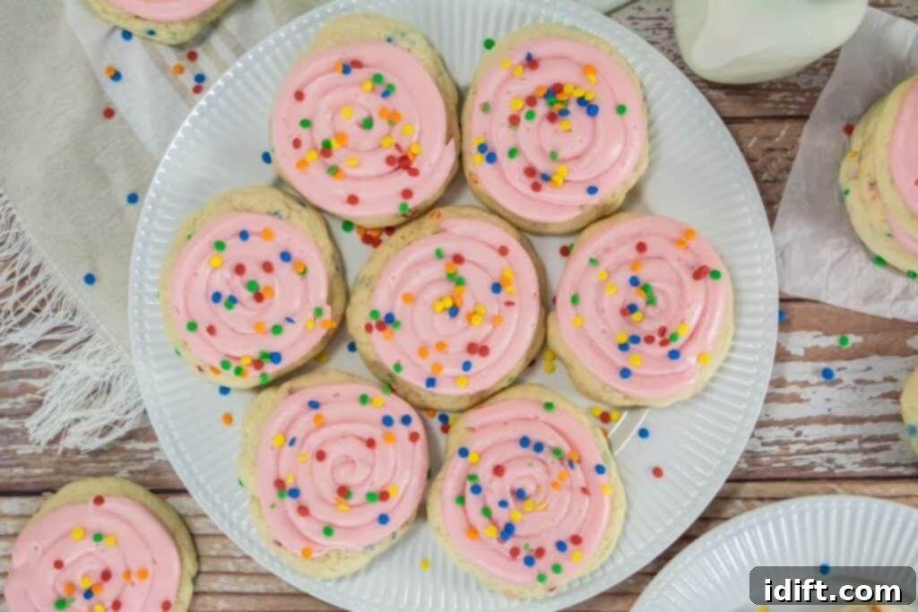 Pink frosted confetti cake cookies on a white plate with extra sprinkles.