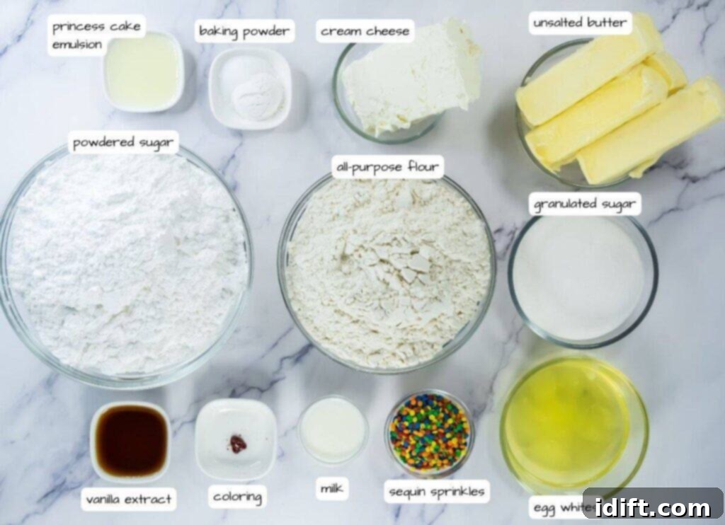 Various baking ingredients for confetti cake cookies on a marble counter, including butter, sugar, flour, and sprinkles.