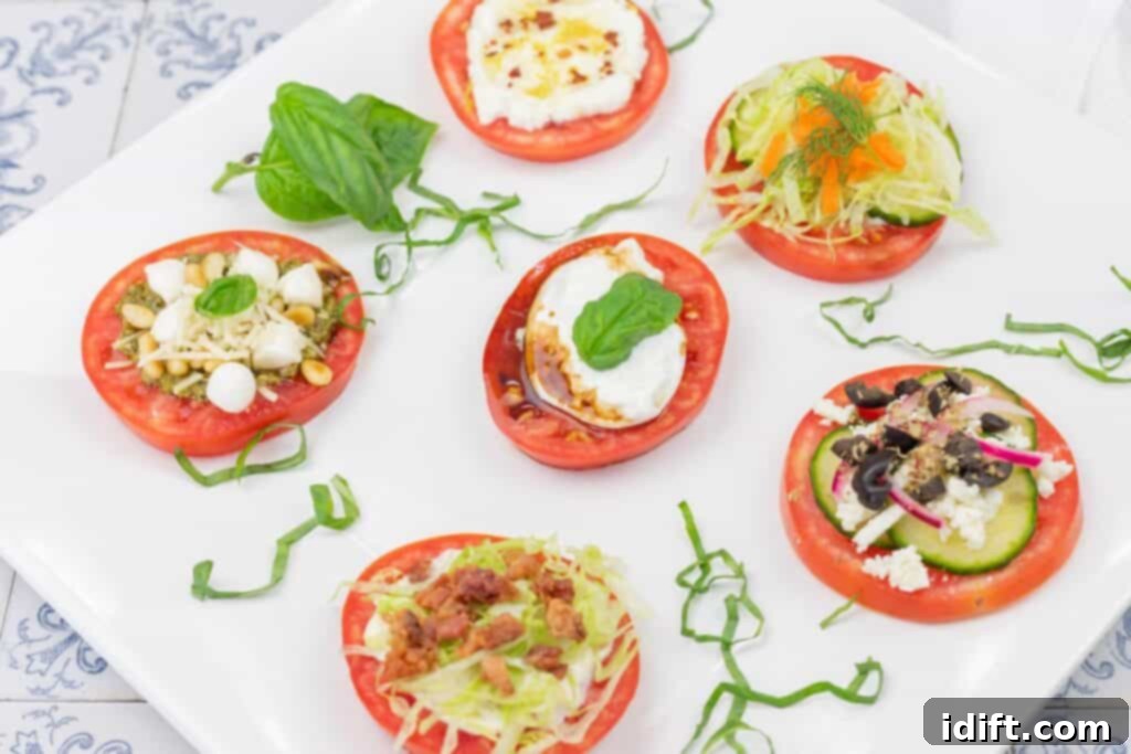 A beautifully arranged platter of six tomato slices, each with a different topping, presented on a white surface.