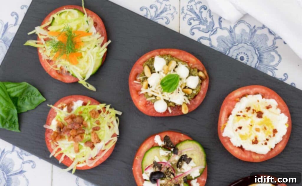 A rustic tray laden with an array of vibrant tomato slices, each expertly topped with diverse ingredients, artfully arranged on a wooden table, creating an inviting and colorful culinary display.
