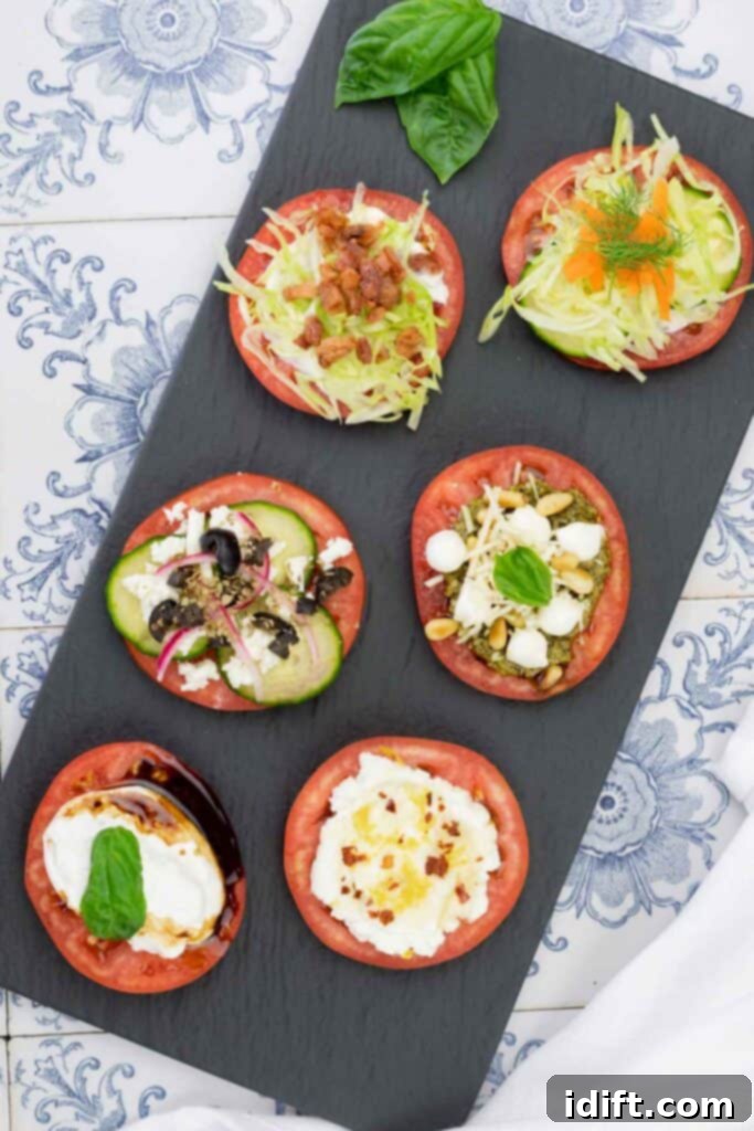 Six vibrant heirloom tomato slices, each expertly topped with a different fresh ingredient, are artfully arranged on a sleek black slate platter set against a stylish patterned tile surface.