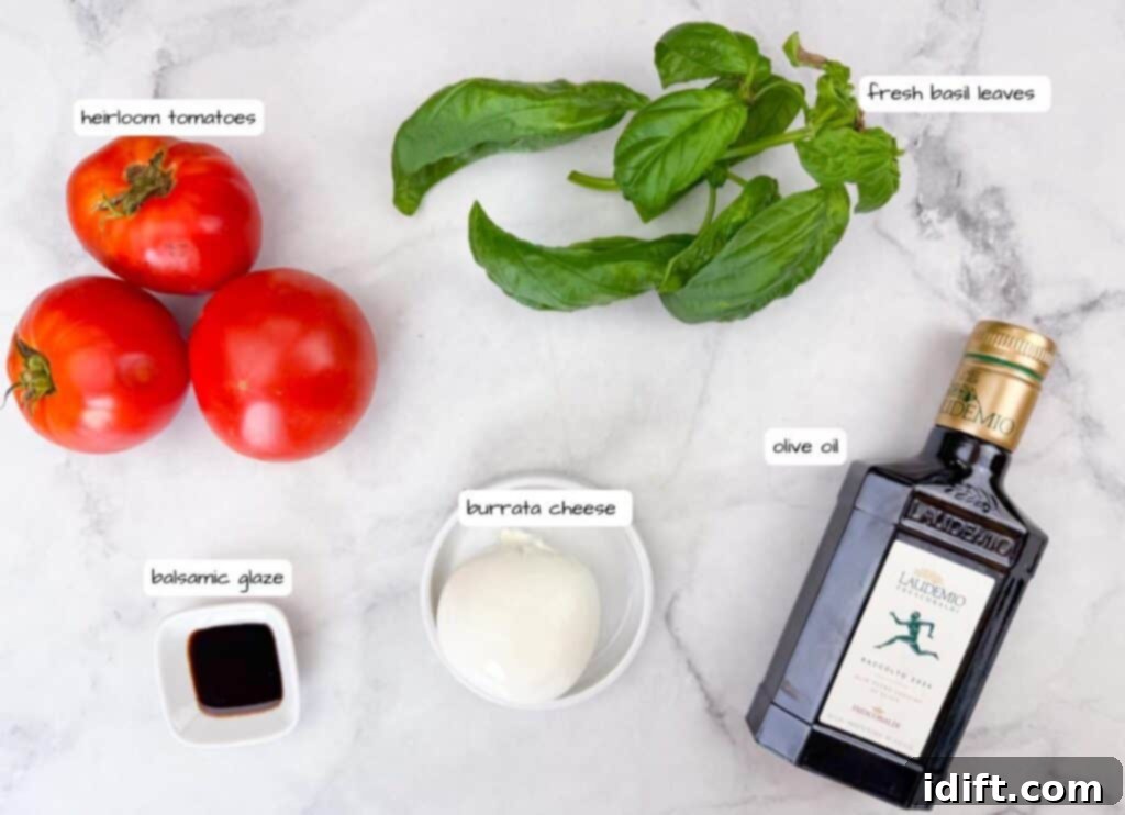 A visually appealing collection of fresh ingredients carefully arranged for a tomato flight, showcasing various cheeses, herbs, and condiments ready for assembly.