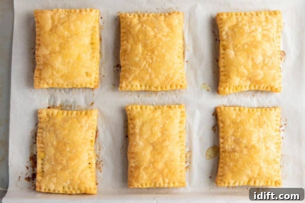 Six rectangular golden-brown pastries are arranged in two rows on a sheet of parchment paper.