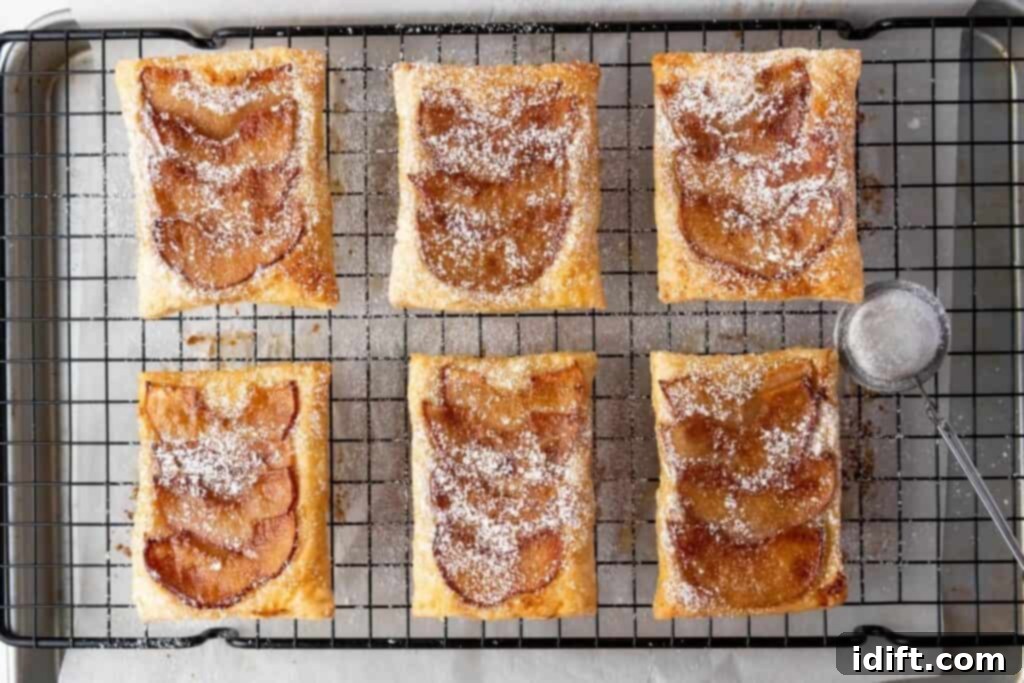 Six rectangular apple pastries topped with powdered sugar are arranged on a metal cooling rack, with a small sifter nearby.