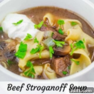A white bowl of Beef Stroganoff Soup topped with sour cream and chopped parsley.