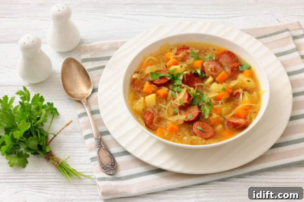 A bowl of vegetable and sausage soup garnished with parsley, placed on a striped cloth next to a spoon, a fork, salt and pepper shakers, and a bunch of fresh parsley.