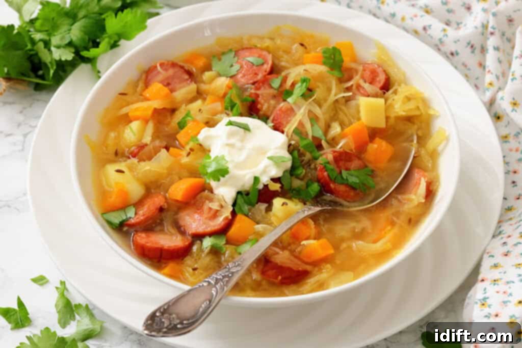 A bowl of soup with sausage, cabbage, carrots, potatoes, topped with a dollop of sour cream and chopped parsley, with a spoon resting in the bowl.