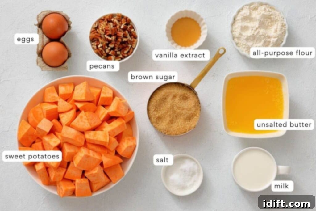 Decadent Sweet Potato Casserole with Crunchy Pecan Streusel 4 Ingredients for baking: sweet potatoes, eggs, pecans, brown sugar, vanilla extract, all-purpose flour, unsalted butter, salt, and milk arranged on a white surface.