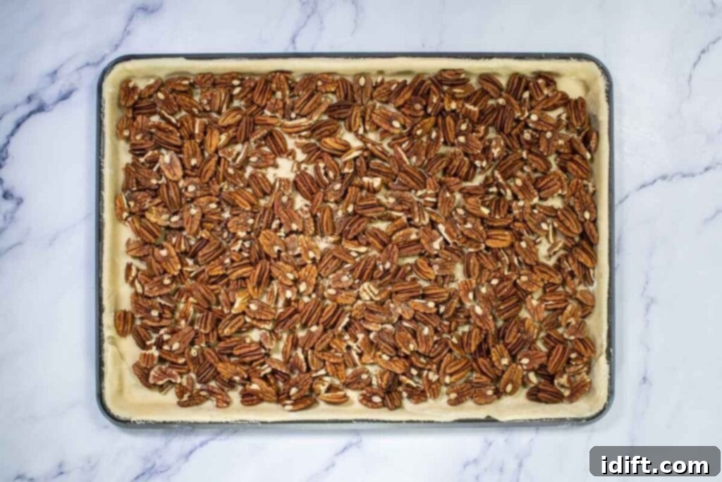 Pecans spread over the pie crust